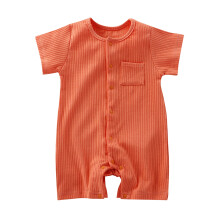 Onesie Gearr-Mhuinchillí Ribeach do Bhuachaillí & Cailíní, Muineál Babhta Dath Soildí le Póca, Romper Cnaipe-Síos, Comhoiriúnach le 3-6 Mí