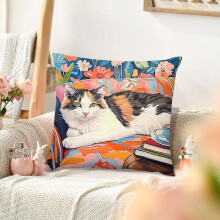 Fodera decorativa per cuscino 18x18 con motivo floreale e gatti - Morbida, lavabile in lavatrice con cerniera invisibile, ideale per l'arredamento di