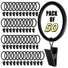 50-Pack Black Heavy-Duty Curtain Rings with Clips, 2" ID, Fits Rods up to 1.25", Rustproof & Polish Finish