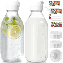 Lot de 2 bouteilles à lait en verre de 946 ml (32 oz) avec 2 bouchons doseurs et 1 couvercle à vis, carafe hermétique réutilisable pour lait