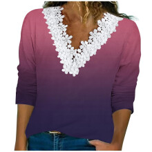 Marineblauwe crop top met lange mouwen voor dames, losse pasvorm, kanten V-hals, lange mouwen, polyester, kleurverloop, damestop, maat S