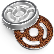 Hondenvoerbak van roestvrij staal met slow feeder-functie, 2 kopjes, antislip, voor kleine/middelgrote honden, voorkomt een opgeblazen gevoel –
