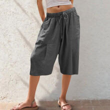 Women's Drawstring Waist Wide Leg Culottes – Nylon Spandex Matte Cropped Pants with Pockets, S-2XL, Multiple Colors
