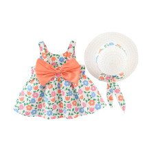 Sommerkleid für Kleinkinder, Strandkleid mit Sonnenhut, Schleife, Blumenmuster, Trägerkleid, orange