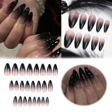 Černé francouzské gradientní krátké nehty ve stylu mandlí pro Halloween a evropské outfity 1ml – Design pro okamžitý půvab a styl