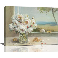 Quadro da parete con fiori costieri per bagno e camera da letto – Stampa su tela 40x30 cm, compatibile con decorazioni a tema spiaggia e floreale.
