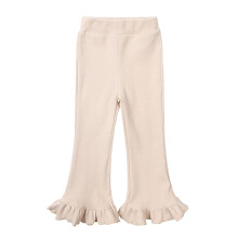 Kids Girls Flared Pants Ruffle Cotton Long Pants Child's Baby Casual Summer Cute Solid Color Slim Knit Pants Beige