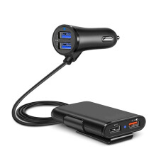 QC3.0 Autolader met vier USB-poorten voor snelladen, geschikt voor meerdere apparaten, waaronder smartphones, eenvoudig in gebruik.