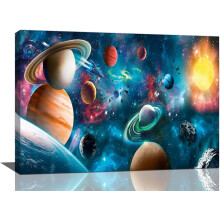 Kosmiczna przestrzeń – grafika ścienna: Galaktyka, planeta i mgławica, wydruk na płótnie, 12"x16", nowoczesna oprawiona dekoracja do salonu,