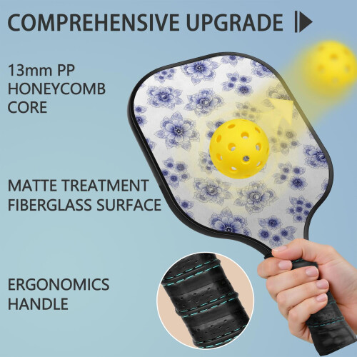 Σετ κουπιών Pickleball από fiberglass με λουλούδια, 2 μπάλες και τσάντα, συμβατό με παιχνίδι 1