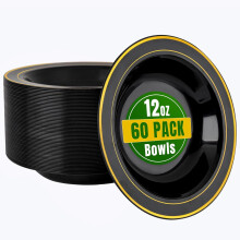 60 Pack Black Plastic Bowls with Gold Rim - 12 oz Plastic Soup Bowls Disposable for Wedding, Party, Gathering & New Year