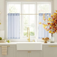 Rideaux de cuisine 91 cm (36 po), cantonnière courte en lin à fines rayures, style bohème rustique pour petite fenêtre, bleu, L 66 x H 91 cm (2