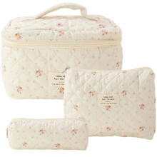 Set van 3 katoenen gewatteerde make-uptasjes met bloemenprint – Grote, stijlvolle toilettas met rits, schattige kawaii make-uptas voor vrouwen,