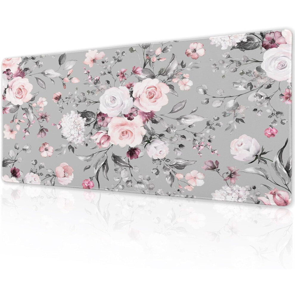 & Rose Floral Gaming Mouse Pad 30X80cm, Non-Slip Rubber Base, Stitched Edge Â Compatible With All Mice Pink/White 9499224188006