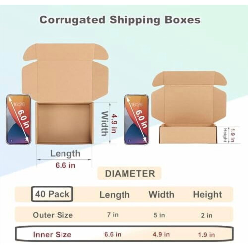 Pacote com 40 caixas de papelão ondulado pequenas de 7x5x2 polegadas para envio postal, na cor marrom. 1