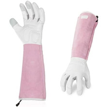 1-Pair Premium Genuine Goat Leather Extra-Long Cuff Thornproof Gardening Gloves (Size S, Pink White, GA1013)