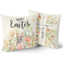 Fundas de cojín decorativas de Pascua, estampado de conejito y flores primaverales, 45 x 45 cm, juego de 2, con cremallera, decoración estilo
