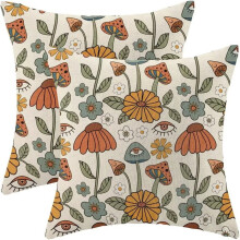 20x20-tyynynpäällissetti, 2 kpl, kelta-oranssit sienikuvioiset pellavapäälliset, yhteensopiva 20x20-sisusteiden kanssa, vintage-maalaistyylinen