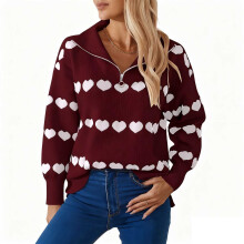 Damen-Pullover mit Herzmuster und Reißverschluss, V-Ausschnitt, Strickcardigan, lässig, locker geschnitten, romantische Festtagskleidung, Größen