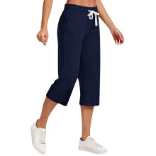 VERUGU Pantalones capri para mujer con cordón ajustable, talla grande, color liso, estilo casual, versátiles, holgados, cortos, azul marino, talla S