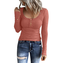 Langærmede Henley T-shirts til kvinder Button Down Slim Fit Toppe med Rund Hals Ribbede Strikskjorter Tætsiddende T-shirts til kvinder Løse toppe