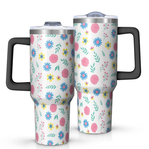 Ποτήρι Pioneer με 40oz, μονωμένο με λαβή και σχέδιο λουλουδιών, καπάκι και καλαμάκια