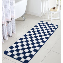 Blauwe geruite badkamermat/loper, 45 x 120 cm, antislip, wasbaar, absorberend, microvezel, geschikt voor standaard badkuipen.