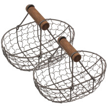 2 Metal Wire Egg/Fruit Baskets w/ Handle - Portable Picnic/Bread Storage (Black)