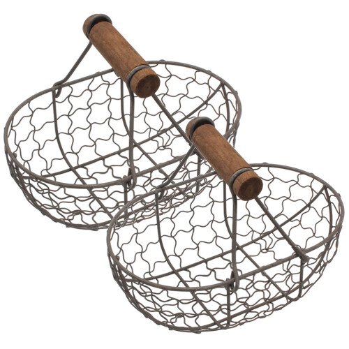 2 Metal Wire Egg/Fruit Baskets w/ Handle - Portable Picnic/Bread Storage (Black)