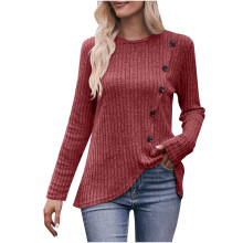Blusas de manga larga de poliéster para mujer, cuello redondo, color liso, blusas elegantes, blusas casuales de manga larga.