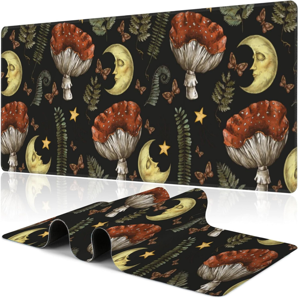 Vintage Magic Forest Desk Mat, 31.5"X11.8", Moon & Amanita Mushroom Design, Non-Slip Rubber Base, Waterproof, Thick Stitched Edges 9110895772287