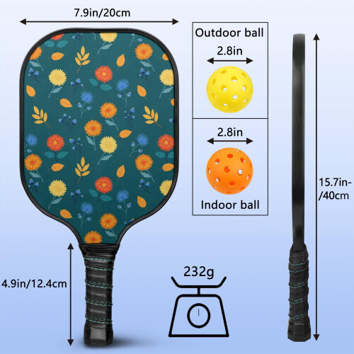 Σετ κουπιών Pickleball από fiberglass με λουλούδια, 2 μπάλες και τσάντα, συμβατό με παιχνίδι 1