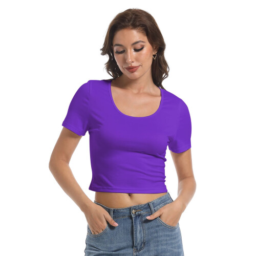 Blusas cropped femininas de manga curta com decote redondo e modelagem justa. 1