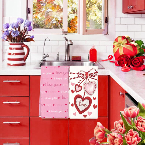 Valentine's Day Kitchen Towels Red Heart Bow 2 Pcs 1