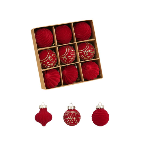 9-Piece Red Flocked Christmas Ball Ornaments 2