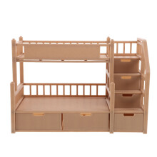 Letto a castello in plastica con design realistico effetto legno, completo di cassetto portaoggetti e scaletta decorativa per casa delle bambole.
