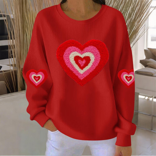 Felpa da donna a coste con scollo rotondo e cuore per San Valentino, lunga 1