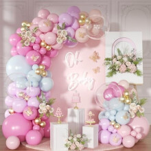 Zestaw łuków balonowych w kolorze jasnoróżowym i niebieskim – girlanda Princess Gold/Pink/Rose/Pomarańcz na ślub, urodziny, baby shower,