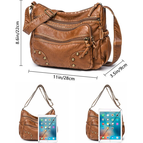 Bolsa de ombro feminina leve em couro com vários compartimentos. 2