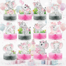 12 szt. różowych ozdób stołu w kształcie plastra miodu w kształcie słonia – dekoracja na baby shower, urodziny i wesele (pasuje do