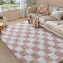 Pink and White Checkered Shag Rug 5x7 Feet