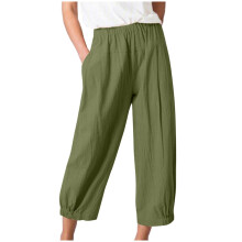 QLEICOM Pantaloni de damă cu croială lejeră, fără șifonare, cu croială dreaptă, talie elastică, buzunare, verde militar, lungime până la