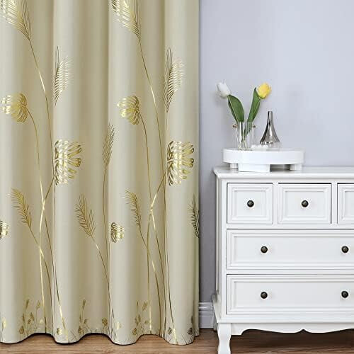 Gold Wheat Leaf Print Curtains Light Blocking Thermal 1