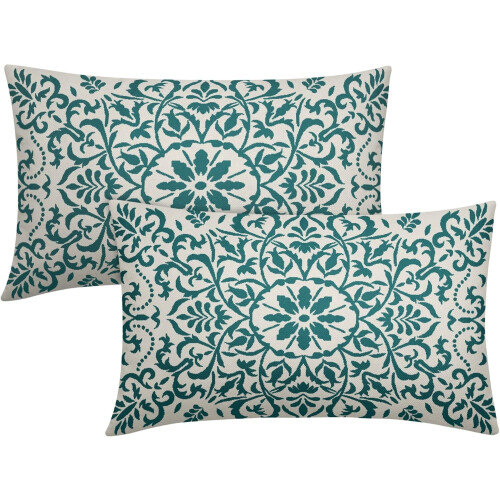 Μαξιλαροθήκες σε στυλ γαλαζοπράσινου boho 12x20", Vintage με σχέδιο λουλουδιών, λινά