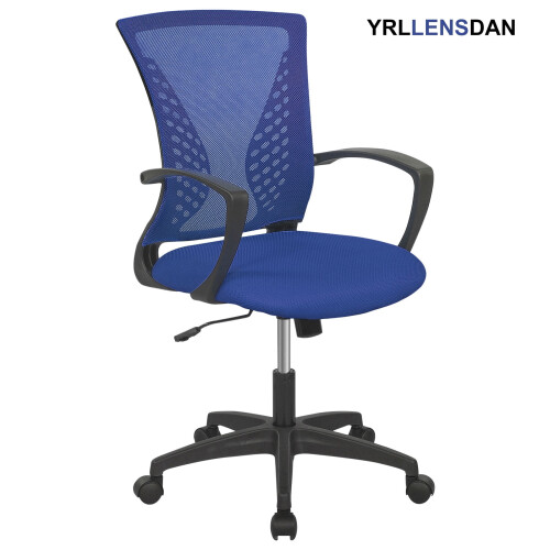 Blue mesh office chair with wheels adjustable height arms