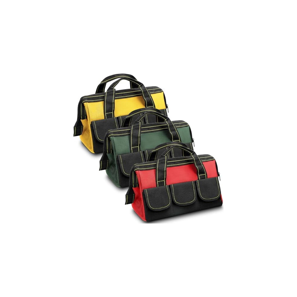 3-Pack Waterproof Tool Bag With Hard Bottom, Wide Mouth Tote For Electricians, Carpenters & Mechanics (13", Red/Army Green/Yellow) 9499224194885