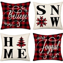 Housses de coussin de Noël à carreaux rouges et noirs, 40 x 40 cm, lot de 4 – Motifs flocons de neige, sapin et « Croire » – Décoration