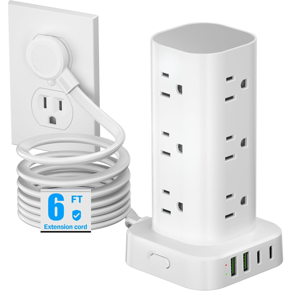 Tower Power Strip With Surge Protection, 6Ft Flat Cord, 12 Ac + 4 Usb Ports, Overload Protection Â White 9162407097692