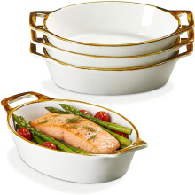 Gratineret bagefad, oval, keramisk, hvid, lille gryde, ovnfaste fade til individuel servering, minisæt med 4, lasagne quiche, 6x8, 20oz, brun kant