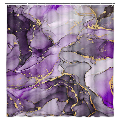 Cortina de chuveiro para banheiro em mármore roxo com ganchos, 72 x 84 polegadas
